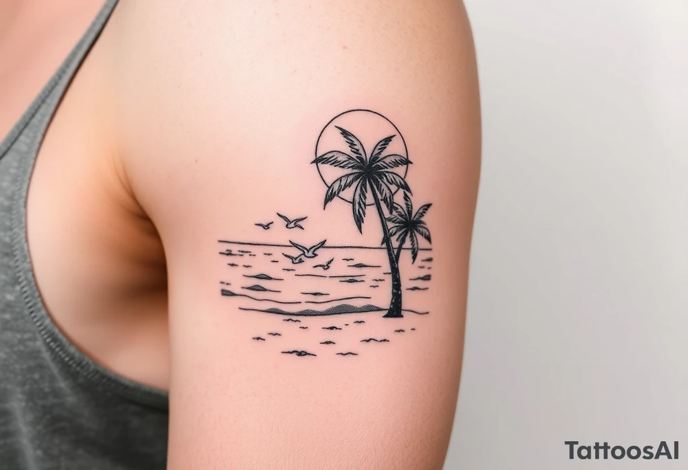 fine line, peaceful, serene, timeless, ocean, sand, palm tree, seagulls, sun tattoo idea