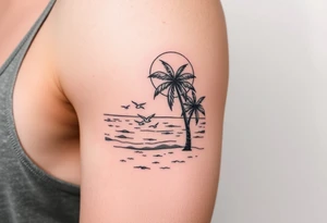 fine line, peaceful, serene, timeless, ocean, sand, palm tree, seagulls, sun tattoo idea