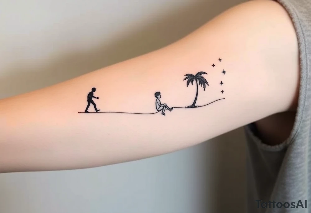 Create a minimalist tattoo design that wraps around the upper right arm, just below the armpit and above an existing blackwork sleeve.

Design Flow:

The tattoo is connected by a thin, continuous line that wraps around the arm.

On the outer/front arm, place a small, minimal walking figure on the line, moving forward. The line should have a gentle wave under his steps to create movement.

The line continues to the inner arm, where a boy is sitting on the line (with his back to the viewer, legs dangling below the line).

To the right of the boy, place a slightly leaning palm tree growing from the line.

Behind or beside the tree, include a minimal sun, low on the horizon (simple circle or half-sun).

In the space above, softly scatter minimalist stars, mostly dots, with 2–3 sparkles or tiny diamond shapes.

Style Notes:

Keep everything in fine line / minimalist style, no heavy shading

Design should feel light, dreamy, and reflective — symbolizing balance between stillness and motion

Line should echo the flow of the existing tribal/blackwork arm band below, but not mimic or clash with it

The boy should sit directly under the palm and with the back to the viewer and the feet hanging from the line. can you make the boy closer to the palm and with the back to the viewer? tattoo idea