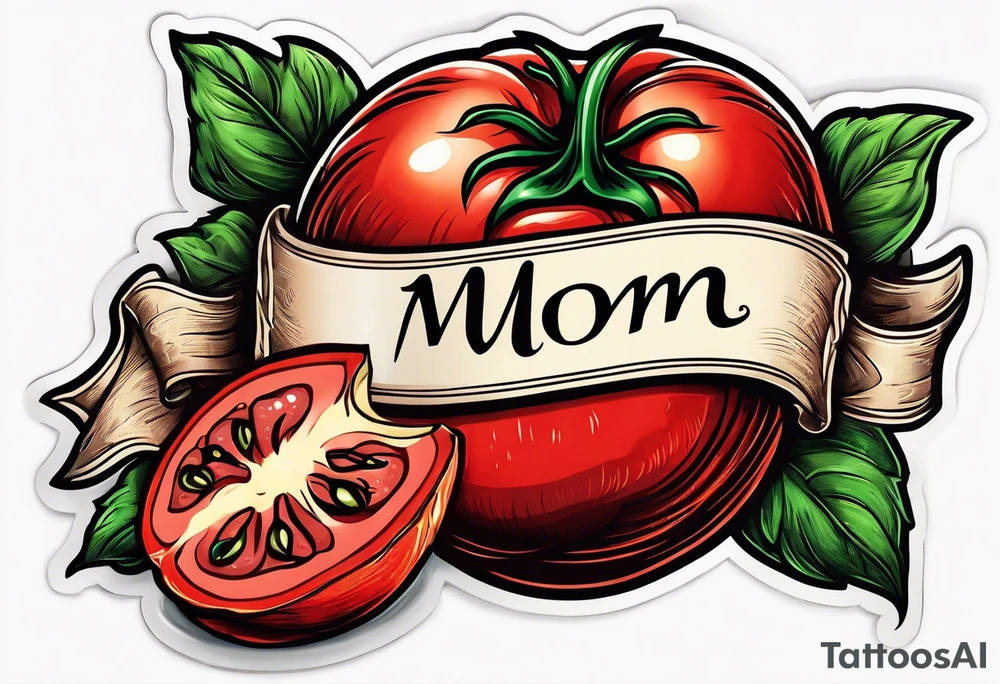 Red tomato with a mom banner around it tattoo idea