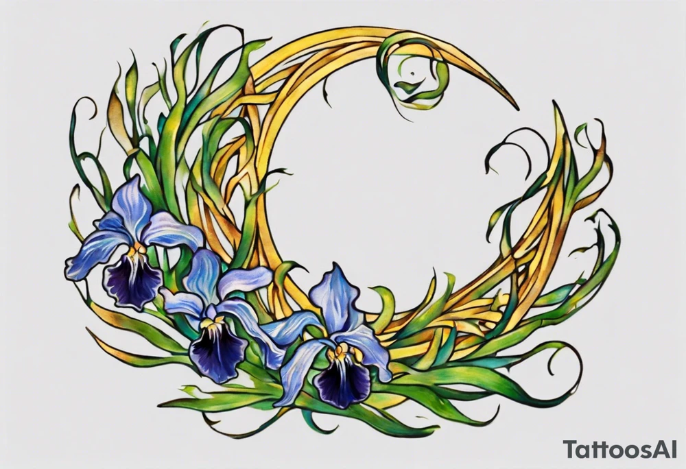 Create a small, colorful Vincent van Gogh Irises tattoo in the form of a crescent, with vines gracefully intertwining at a central point in the middle of the wreath. The intended placement is on the upper chest. The overall design should be small in size while maintaining a delicate and artistic aesthetic. Pay attention to the graceful flow of the vines and the placement of the irises to achieve a refined and elegant look. tattoo idea