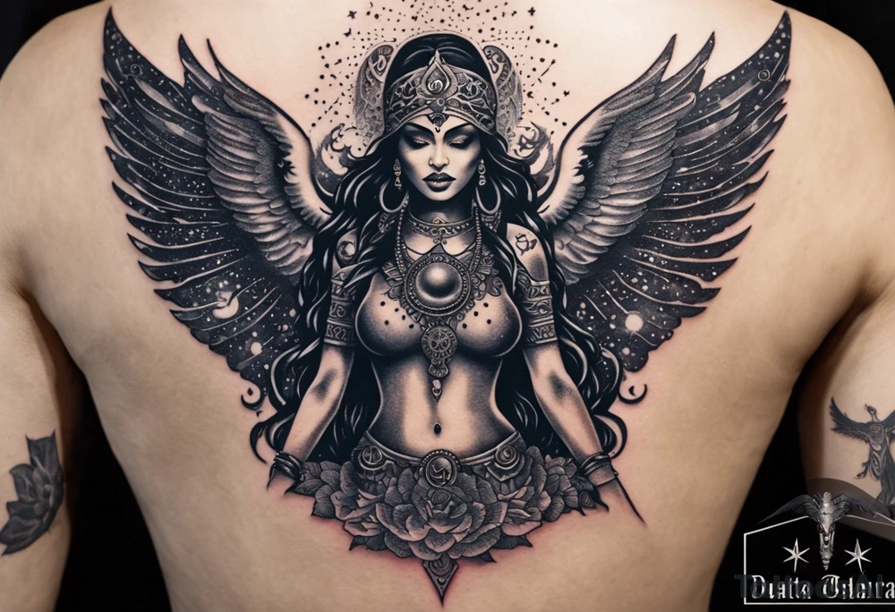 black kali, goddess pirate, alien, angel, pachamama, valkrye, warrior, flying, skull, lotus azul, wing, eagle, zenza resonance, stars, 5D, anahata chakra, death, durga, riding on a tiger, flying lady, kundalini, chest tatoo tattoo idea