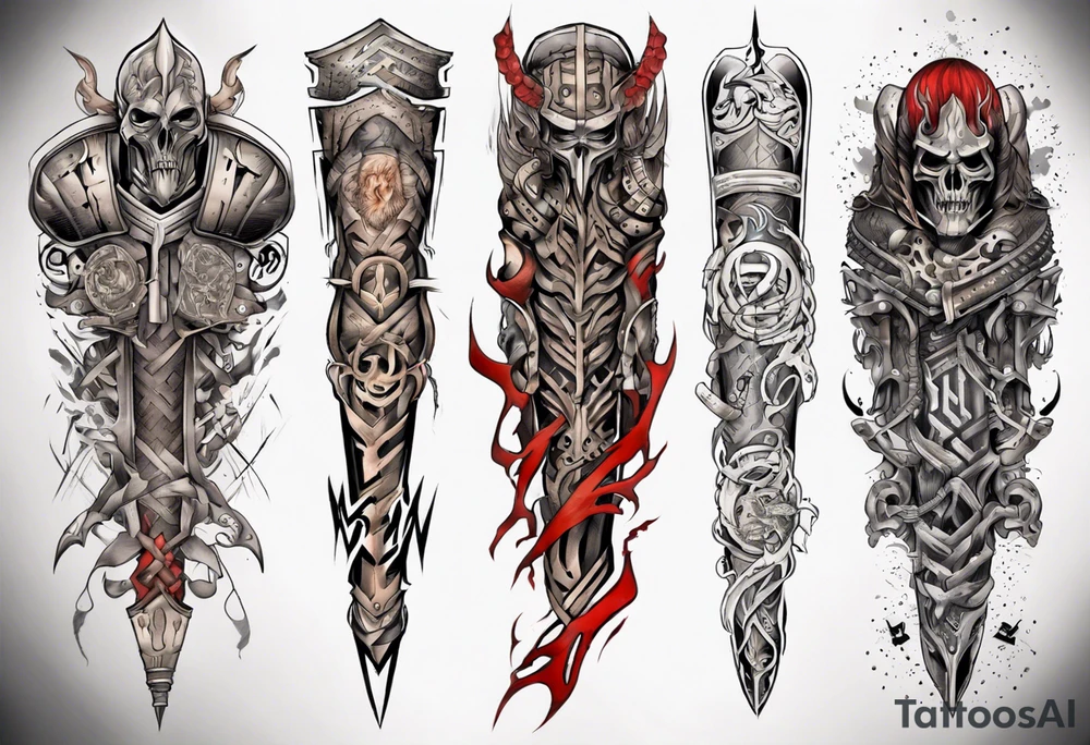 warrior sleeve with heathen writing tattoo idea