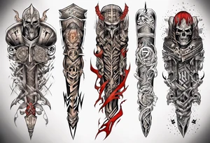 warrior sleeve with heathen writing tattoo idea