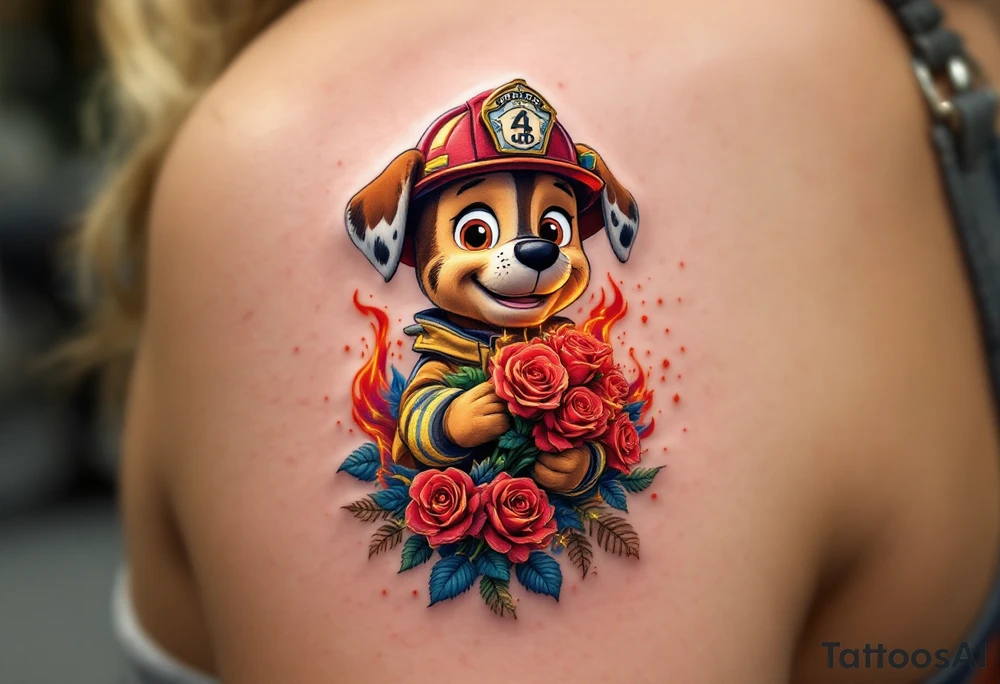 Marshall in firefighter gear, holding a bouquet of red roses in his paw, with fire and water elements blending around him in bright reds, oranges, and blues. The bouquet’s petals are detailed with gold highlights. tattoo idea