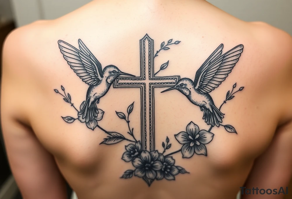 cross surrounded by hummingbirds and flowers tattoo idea
