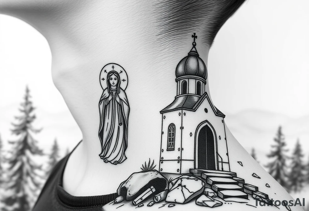 russian design traditional virgin mary stood beside the entrance of a russian orthodox dome church on the side of the neck in a wilderness setting with the design on the side of the neck tattoo idea