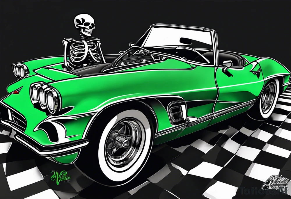 Skeleton smoking a cigarette driving a green 1976 convertible Corvette tattoo idea