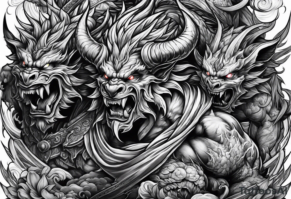 male fighting demons tattoo idea