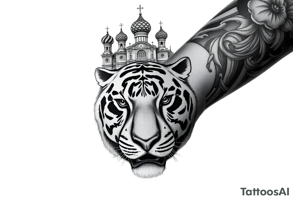 Realistic tiger face on the back of the hand with strong contrast and fine detail with all black eyes. then a highly detailed Russian Orthodox cathedral sitting above on the top fore arm with onion domes and orthodox crosses, done in fine line, engraving-like style. Cohesive composition, black ink only, no color, high contrast, slightly aged, documentary-style, plain light background. with clouds above and a virgin mary tattoo idea