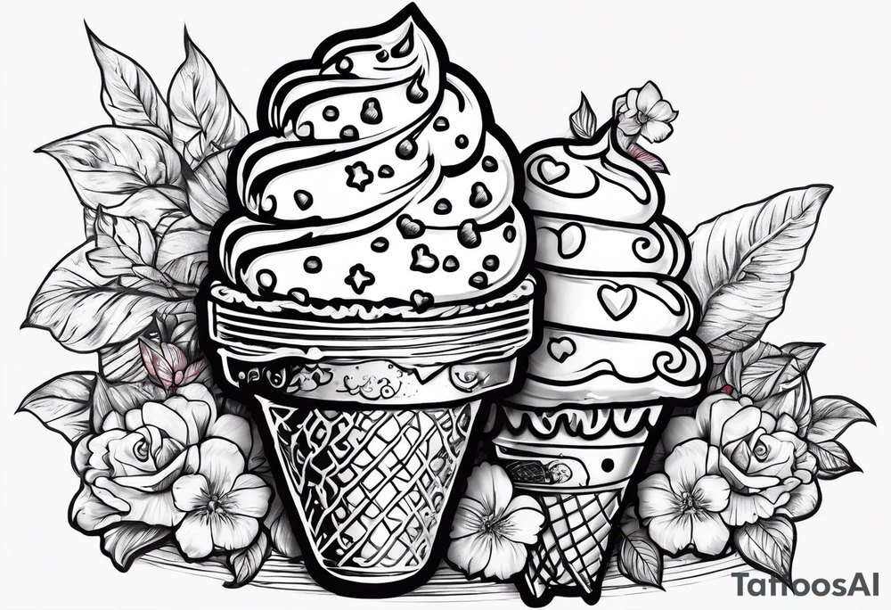 sketch chocolate chip ice cream cone with one red heart tattoo idea