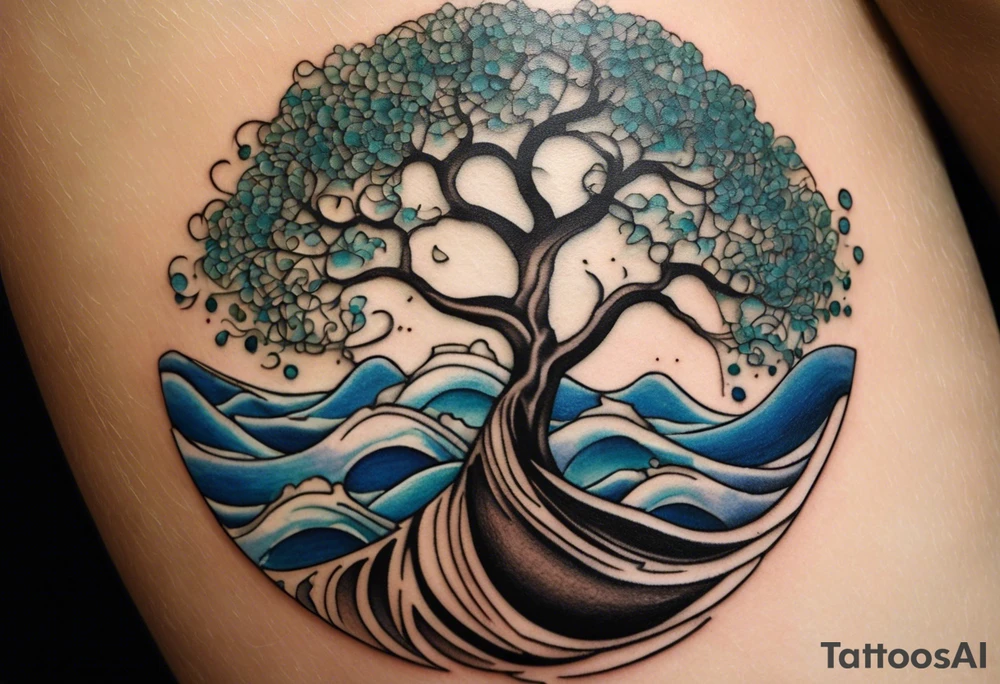 A tattoo of an abstract Tree of life tattoo to be placed on the upper side bicep of a woman. It can wrap around the arm a little. It should have roots growing out of the bottom. The roots slowly turn into water from the great wave by Hokusai. A golf flag should be placed discreetly growing out of the ground. 2 license plate tags should be hanging from the tree. Place a few music notes in the areas the leaves should be. The letters A U should be engraving into the tree trunk in a heart tattoo idea