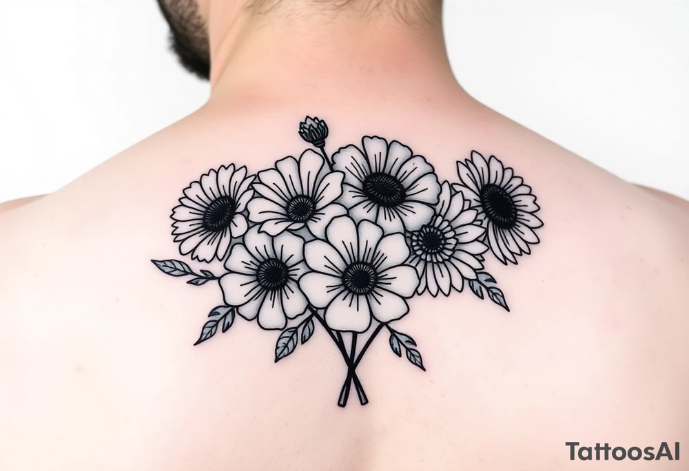 Simple small minimalist cartoon 
line tattoo of flower bouquet in order of these flowers, daisy, cosmo, poppy, chrysanthemum, cosmo tattoo idea