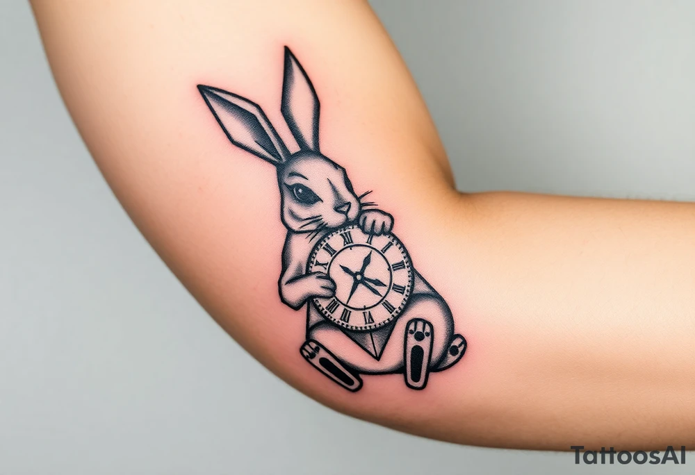 Geometrical rabbit holding a geometrical clock tattoo idea