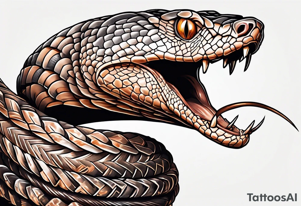 Copperhead coiled up with head turned up and mouth open and copper colored eyes tattoo idea