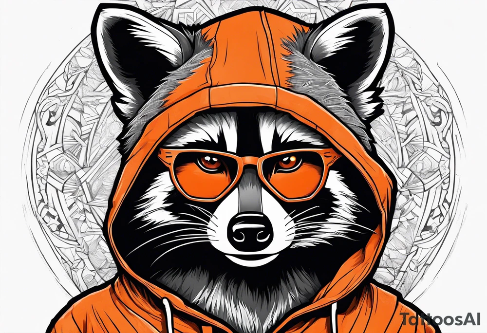 Raccoon wearing an orange Superman hoodie tattoo idea