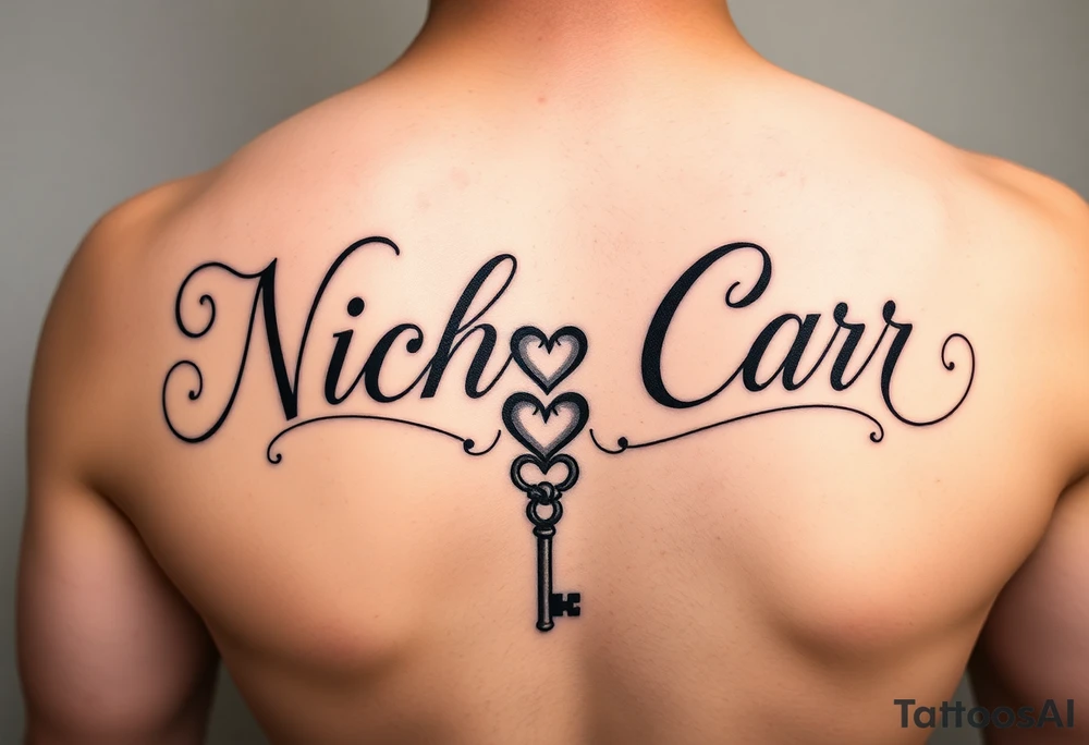 Cursive font writing with creative swirls running with the letters spelling Nicholas Carr. With a fancy heart and key in it at the end tattoo idea