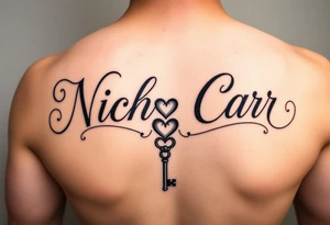Cursive font writing with creative swirls running with the letters spelling Nicholas Carr. With a fancy heart and key in it at the end tattoo idea