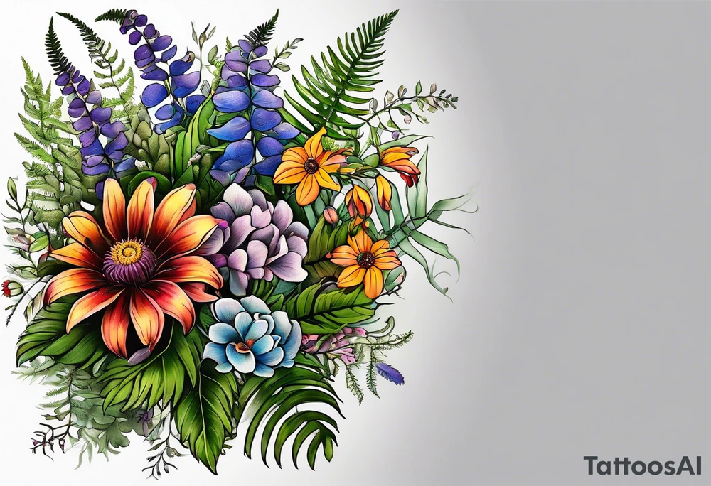 saturated mixed wildflower bouquet with ferns and detailed with color tattoo idea