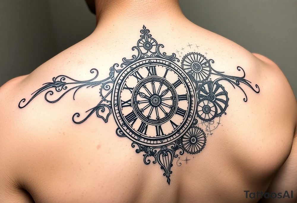 vintage roman numerals within ornate clockwork mechanism sleeve tattoo idea