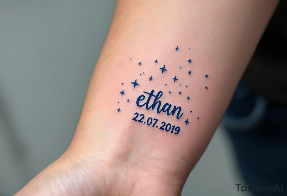 Ethan 22. 07. 2019 – Bold navy blue and silver stars scattered across a night sky, with Ethan's birthdate in a white, handwritten font. tattoo idea