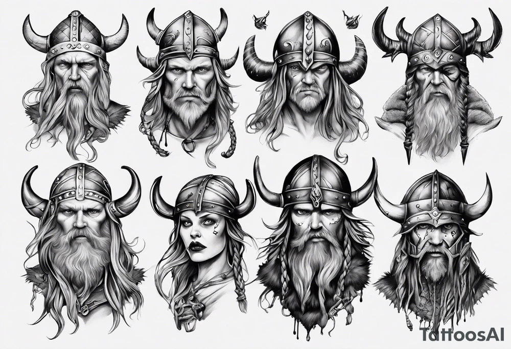 uma bruxa viking com corvos em preto e branco tattoo idea