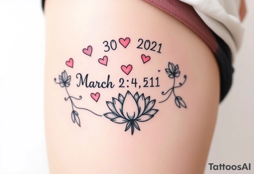 I want a tattoo for my upper thigh, that includes the date, march 30 2021, mom and daughter love that was born at 4:18 am and that includes hearts and the lotus flower and that represents the infinity love of a mother to her baby girl tattoo idea
