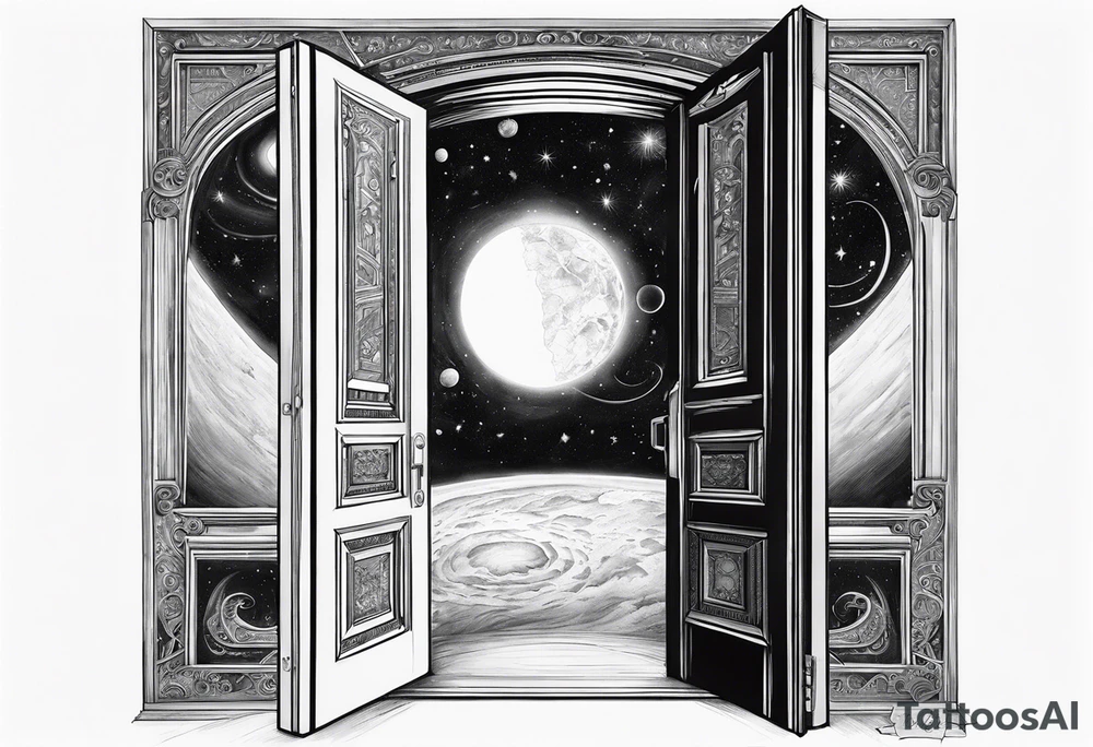 An Door that opens to a whole Universe. only depict the Door and the universe inside it, nothing else tattoo idea