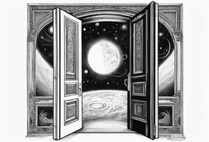 An Door that opens to a whole Universe. only depict the Door and the universe inside it, nothing else tattoo idea