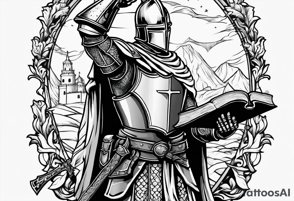 knight holding a bible over his head in combat with both hands tattoo idea