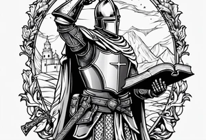 knight holding a bible over his head in combat with both hands tattoo idea