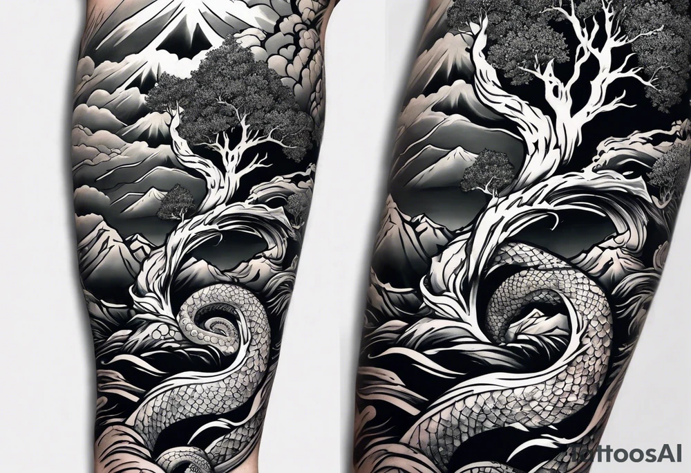Full arm sleeve, tree going up to shoulder dead tree going down to wrist, wrapped in a serpent moving down with mountain, water, and demon tattoo idea