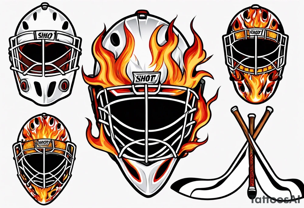 a goalie mask and crossed hockey sticks with flames that says "SHOT HOCKEY" tattoo idea