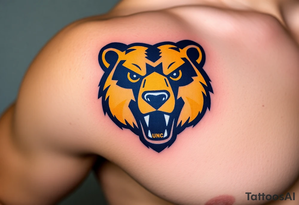 University of Northern Colorado bear mascot  head with Navy blue and yellow with UNC tagged Above head tattoo idea
