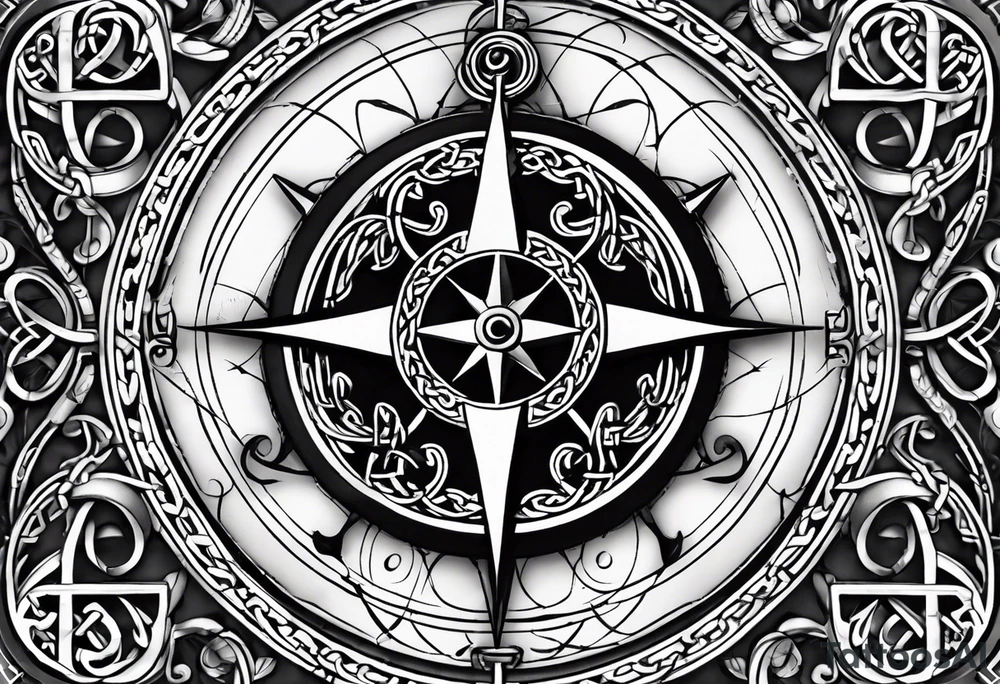 Celtic styling, anchor, compass, bass clef note, treble clef note, dog paw print, half sleeve, forearm tattoo idea