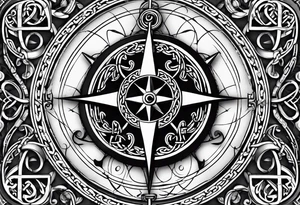 Celtic styling, anchor, compass, bass clef note, treble clef note, dog paw print, half sleeve, forearm tattoo idea