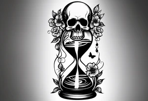 Hourglass with vines and flowers in the top bulb that are trickling like sand into the lower bulb containing a skull semi-submerged in the sand. The words “Memento Mori” are written on the hourglass tattoo idea