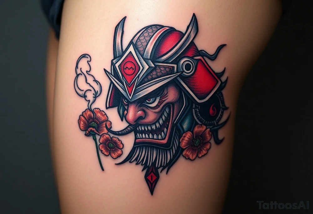 Rouge ronin with smoke coming out of its mouth with 11b tattooed under its left eye with 1 poppy on each side of the ronin tattoo idea