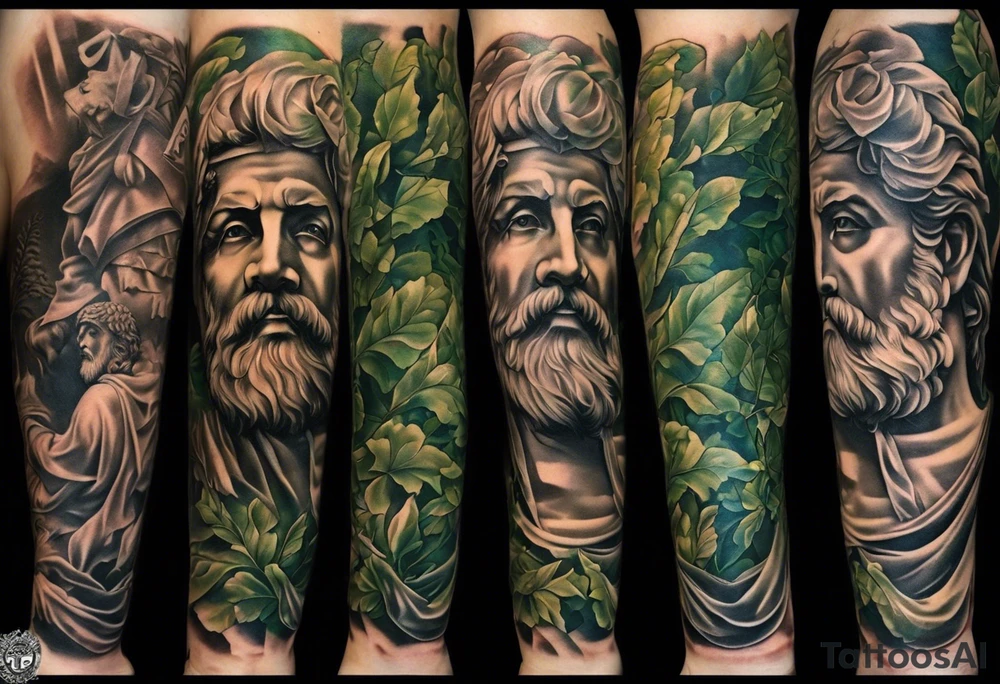 a tattoo full sleeve of stoic heroes in statue form including plato, socrates, alexander the great, julius ceasar, aristotle, pythagorus and william marshal. small amounts of Green english vine plant running through the whole tattoo. all fit on one arm. tattoo idea