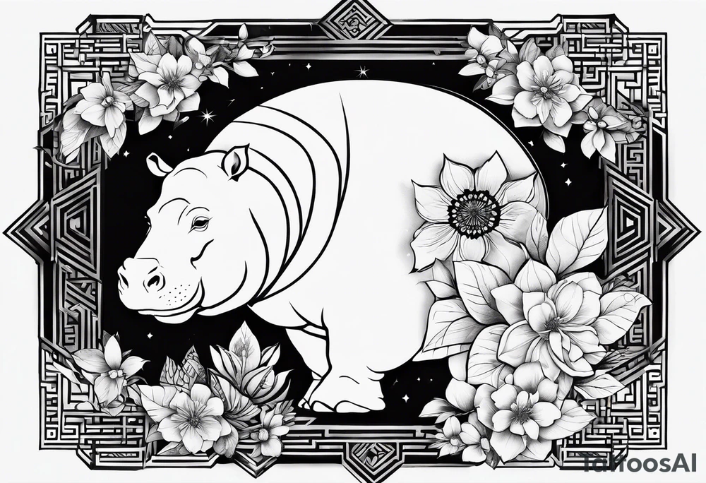 Very asymmetrical, +geometric pattern, with realistic full moon, with seeious looking hippo, +zen feel, + Buddhism touch, +tribal, +geometric
with wintersweet flower bud, +portrait orientation, +inkart touch, tattoo idea