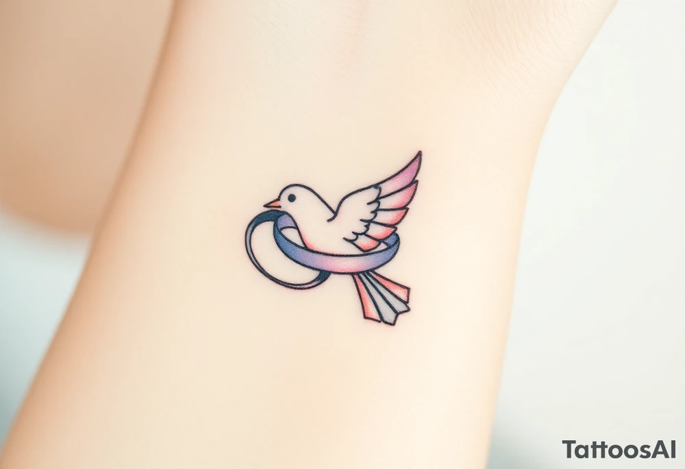 A ring dove with a flowing ribbon wrapped around its neck, in light pastel colors like lavender and pale pink, symbolizing connection and fidelity tattoo idea