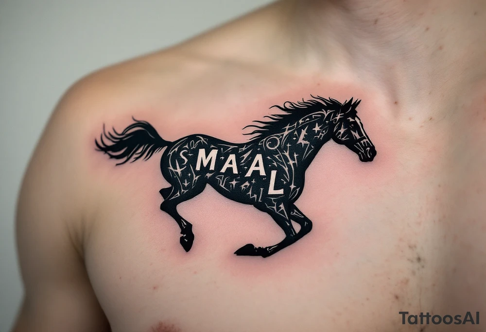 horse silhouette 
from the front which gallops from the front, with the 3 small letters discreetly integrated: M, A, L tattoo idea