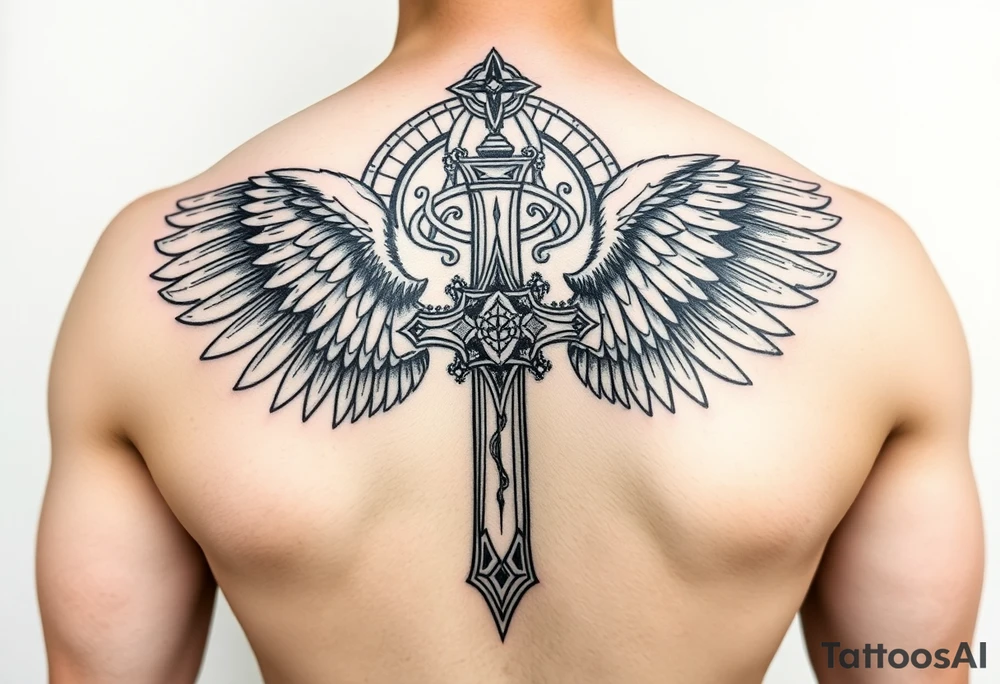 templar cross with angel wings mystical esoteric background on upper arm with tribal surround tattoo idea