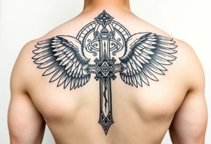 templar cross with angel wings mystical esoteric background on upper arm with tribal surround tattoo idea