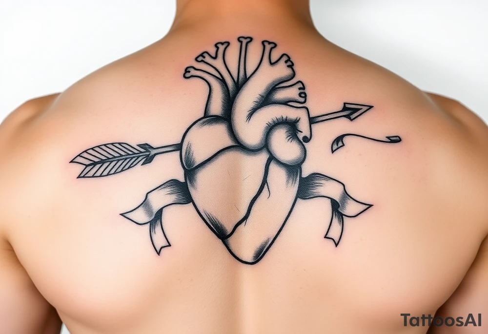 anatomical heart pierced by ornate arrow with flowing ribbons tattoo idea