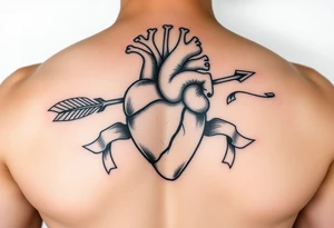 anatomical heart pierced by ornate arrow with flowing ribbons tattoo idea