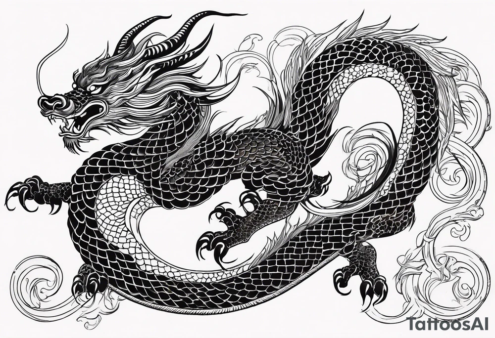 Create a detailed sketch of a Chinese dragon tattoo. The dragon should be depicted in a dynamic, serpentine pose, with its body coiled and flowing gracefully. Emphasize its ornate features: long, sinuous body covered in intricate scales, powerful claws, and a fierce, expressive face with prominent whiskers and a beard. Include traditional Chinese elements like clouds or waves to enhance the composition. Use clean lines and bold shading to ensure the design is suitable for a tattoo, with a focus on capturing the dragon's majestic and mythical qualities tattoo idea