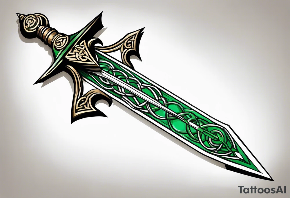 A Celtic dagger with an oak hilt turned upright and emerald gemstones on it tattoo idea