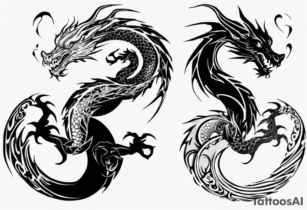 two dragons twirling to make a central yin yang tattoo idea