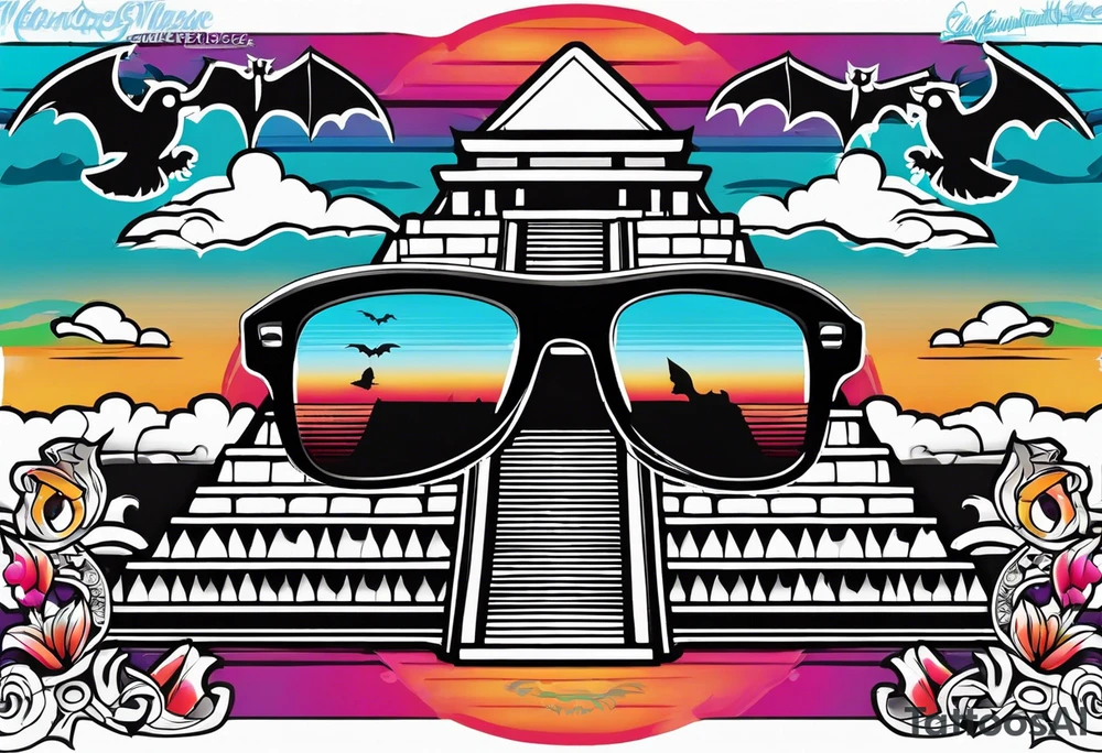 Colorful Mayan hieroglyph with sunglasses reflecting Chichen itza. Bats and waves tattoo idea